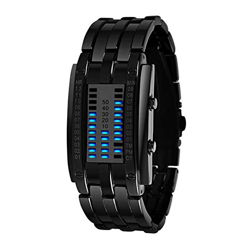 TONSHEN Herren und Damen Binäre Uhr Einzigartiges Design Schwarz Edelstahl Digitaluhr Rechteck Bezel LED Sportuhr Blau LED Licht Kalender Mode Cool Armbanduhr (Damen) von TONSHEN