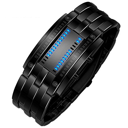 TONSHEN Herren und Damen Binäre Uhr Einzigartiges Design Schwarz Edelstahl Digitaluhr Rechteck Bezel LED Sportuhr Blau LED Licht Kalender Mode Cool Armbanduhr (Herren) von TONSHEN