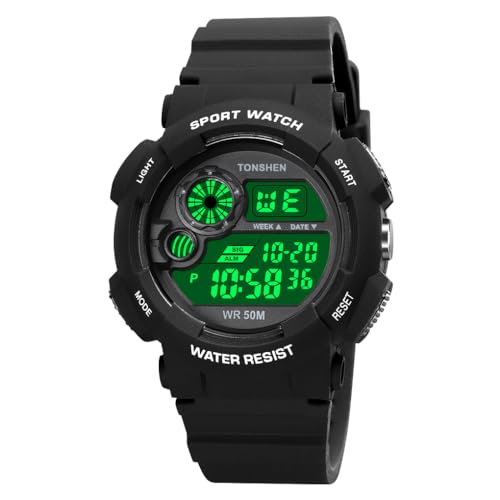 TONSHEN Herren und Damen Sport Digital 50M Wasserdicht Plastik Uhren LED Elektronik Litch Alarm Outdoor Armbanduhr Hintergrundbeleuchtung (Schwarz) von TONSHEN