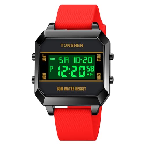 TONSHEN Herren und Damen Sport Digital Outdoor 50M Wasserdicht Sportuhr LED Elektronik Doppelte Zeit Alarm Stoppuhr Taktik Militär Uhren (Rot) von TONSHEN