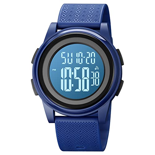 TONSHEN Herren und Damen Sport Uhren LED Elektronik Digitaluhr Outdoor Sportuhr Wasserdicht Doppelte Zeit Alarm Stoppuhr Plastik Uhren (Blau) von TONSHEN