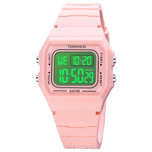 TONSHEN Herren und Damen Uhren Digitaluhr Sportuhr Elektronik Countdown Alarm Plastik Digital Sport Doppelte Zeit Wasserdicht Armbanduhr (Pink) von TONSHEN