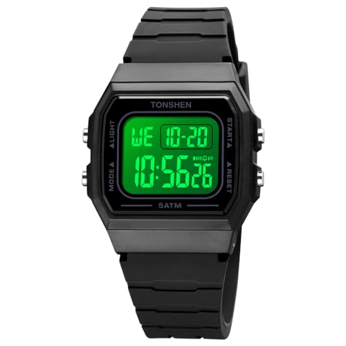 TONSHEN Herren und Damen Uhren Digitaluhr Sportuhr Elektronik Countdown Alarm Plastik Digital Sport Doppelte Zeit Wasserdicht Armbanduhr (Schwarz) von TONSHEN