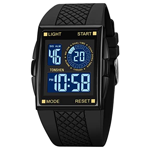 TONSHEN Herren und Damen Uhren LED Elektronik Digitaluhr Outdoor Sportuhr Doppelte Zeit Countdown Alarm Stoppuhr Plastik Uhren mit Kautschuk Band (Gelb) von TONSHEN
