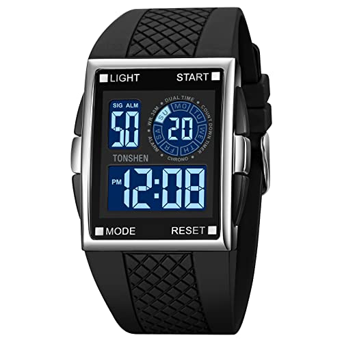 TONSHEN Herren und Damen Uhren LED Elektronik Digitaluhr Outdoor Sportuhr Doppelte Zeit Countdown Alarm Stoppuhr Plastik Uhren mit Kautschuk Band (Silber 2) von TONSHEN