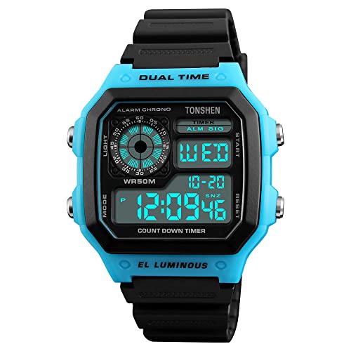 TONSHEN Herrenuhr 50M Wasserdicht Sportuhr LED Elektronik Digitaluhr Outdoor Militär Multifunktional Plastik Uhren und Kautschuk Band Armbanduhr (Blau) von TONSHEN