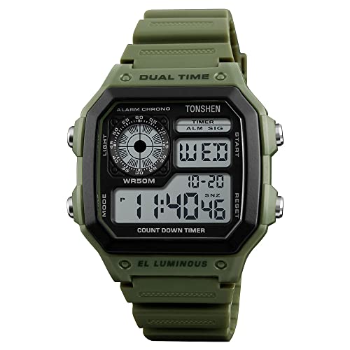 TONSHEN Herrenuhr 50M Wasserdicht Sportuhr LED Elektronik Digitaluhr Outdoor Militär Multifunktional Plastik Uhren und Kautschuk Band Armbanduhr (Grün) von TONSHEN