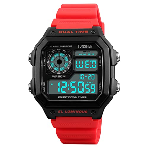 TONSHEN Herrenuhr 50M Wasserdicht Sportuhr LED Elektronik Digitaluhr Outdoor Militär Multifunktional Plastik Uhren und Kautschuk Band Armbanduhr (Rot) von TONSHEN
