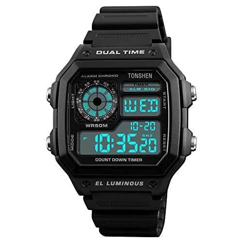 TONSHEN Herrenuhr 50M Wasserdicht Sportuhr LED Elektronik Digitaluhr Outdoor Militär Multifunktional Plastik Uhren und Kautschuk Band Armbanduhr (Schwarz) von TONSHEN