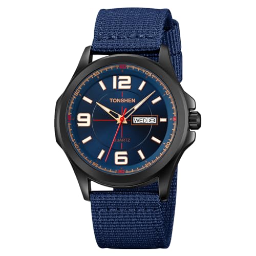 TONSHEN Herrenuhr Analog Edelstahl Uhren Lünette mit Nylon Band Stoppuhr Sportuhr Kalender Leuchtzeiger Armbanduhr (Blau) von TONSHEN