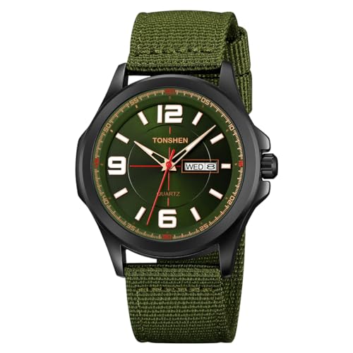 TONSHEN Herrenuhr Analog Edelstahl Uhren Lünette mit Nylon Band Stoppuhr Sportuhr Kalender Leuchtzeiger Armbanduhr (Grün) von TONSHEN