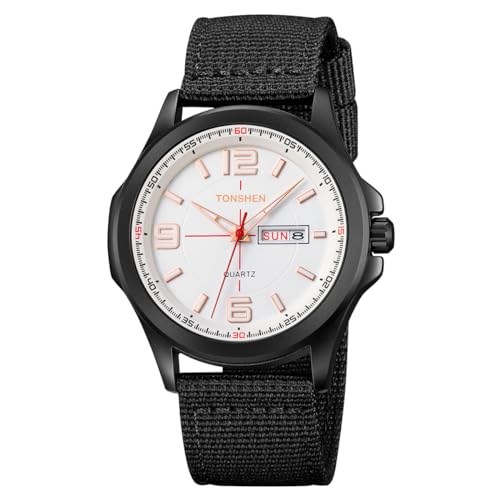 TONSHEN Herrenuhr Analog Edelstahl Uhren Lünette mit Nylon Band Stoppuhr Sportuhr Kalender Leuchtzeiger Armbanduhr (Weiß) von TONSHEN