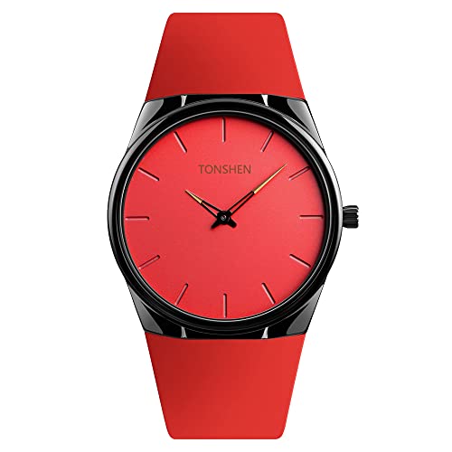 TONSHEN Herrenuhr Analog Quarz Edelstahl Lünette und Kautschuk Band Fashion Einfach Armbanduhr (Rot) von TONSHEN