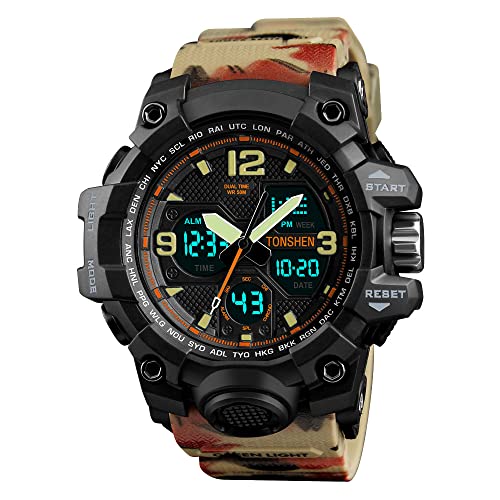 TONSHEN Herrenuhr Analog Quarz LED Elektronik Double Zeit Digitaluhr 50M Wasserdicht Outdoor Militär Multifunktional Alarm Datum Stoppuhr SportUhren (Camo) von TONSHEN