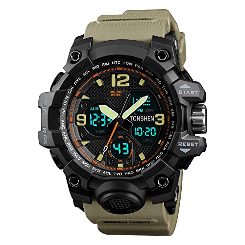 TONSHEN Herrenuhr Analog Quarz LED Elektronik Double Zeit Digitaluhr 50M Wasserdicht Outdoor Militär Multifunktional Alarm Datum Stoppuhr SportUhren (Gelb) von TONSHEN