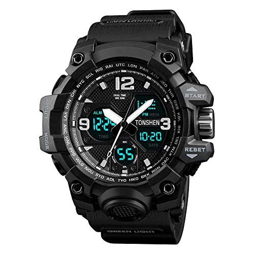 TONSHEN Herrenuhr Analog Quarz LED Elektronik Double Zeit Digitaluhr 50M Wasserdicht Outdoor Militär Multifunktional Alarm Datum Stoppuhr SportUhren (Schwarz) von TONSHEN