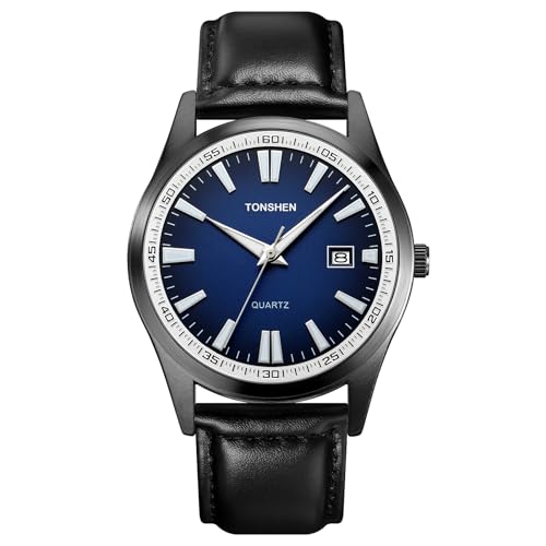 TONSHEN Herrenuhr Analog Quarz Uhren Edelstahl Lünette mit Leder Band Armbanduhr (Blau) von TONSHEN