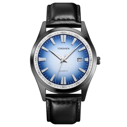 TONSHEN Herrenuhr Analog Quarz Uhren Edelstahl Lünette mit Leder Band Armbanduhr (Blau Weiß) von TONSHEN