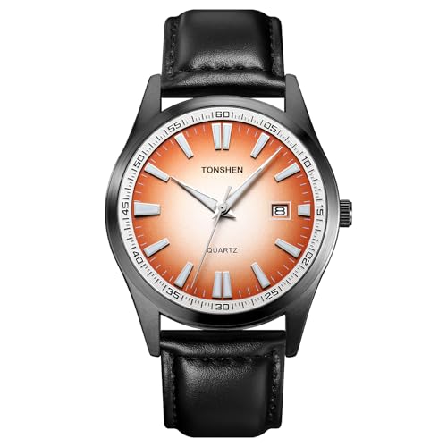 TONSHEN Herrenuhr Analog Quarz Uhren Edelstahl Lünette mit Leder Band Armbanduhr (Orange) von TONSHEN