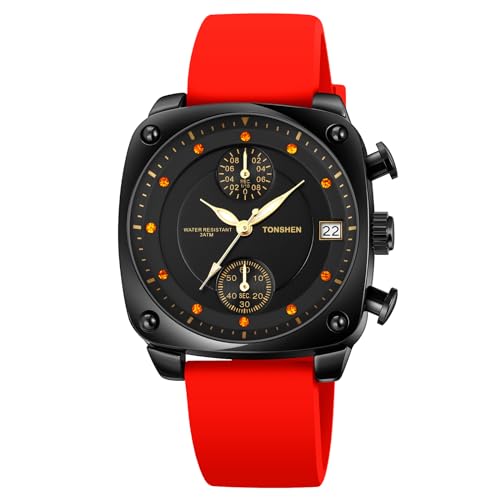 TONSHEN Herrenuhr Analog Quarz Uhren Fashion Casual Edelstahl Lünette mit Kautschuk Band Stoppuhr Datum Outdoor Sportuhr (Rot) von TONSHEN