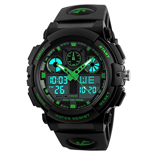TONSHEN Herrenuhr Digitaluhr Sport LED Outdoor Militär Uhr Schwarz Armbanduhr Plastik Uhren Silikon Band Analog Quarzuhr Doppel Zeit 50M Wasserdicht (Grün) von TONSHEN