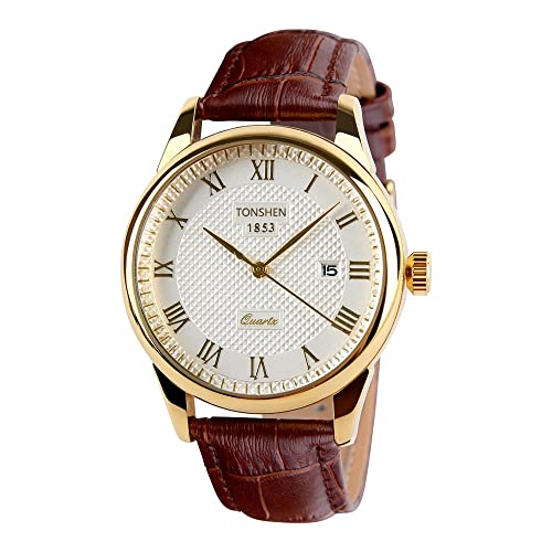 TONSHEN Herrenuhr Analogue Quarz Uhren Luxus Golden Edelstahl mit Braun Leder Band Uhren Mode Business Armbanduhr Klassiker Kalender Uhr für Herren von TONSHEN