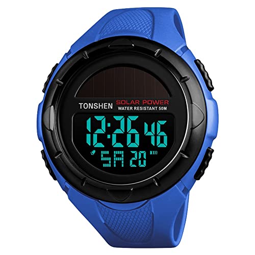 TONSHEN Herrenuhr Damenuhr 50M Wasserdicht Outdoor Solar Sport Uhren Multifunktional LED Elektronik Digitaluhr Kalender Alarm Stoppuhr Plastik Armbanduhr mit Kautschuk Band (Blau) von TONSHEN