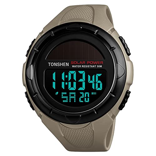 TONSHEN Herrenuhr Damenuhr 50M Wasserdicht Outdoor Solar Sport Uhren Multifunktional LED Elektronik Digitaluhr Kalender Alarm Stoppuhr Plastik Armbanduhr mit Kautschuk Band (Gelb) von TONSHEN