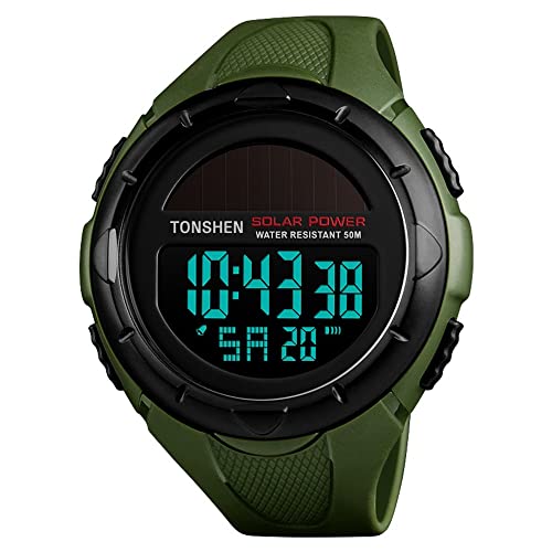 TONSHEN Herrenuhr Damenuhr 50M Wasserdicht Outdoor Solar Sport Uhren Multifunktional LED Elektronik Digitaluhr Kalender Alarm Stoppuhr Plastik Armbanduhr mit Kautschuk Band (Grün) von TONSHEN