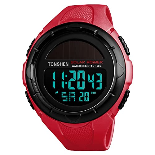 TONSHEN Herrenuhr Damenuhr 50M Wasserdicht Outdoor Solar Sport Uhren Multifunktional LED Elektronik Digitaluhr Kalender Alarm Stoppuhr Plastik Armbanduhr mit Kautschuk Band (Rot) von TONSHEN