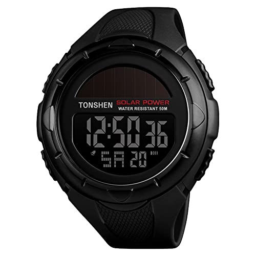 TONSHEN Herrenuhr Damenuhr 50M Wasserdicht Outdoor Solar Sport Uhren Multifunktional LED Elektronik Digitaluhr Kalender Alarm Stoppuhr Plastik Armbanduhr mit Kautschuk Band (Schwarz) von TONSHEN