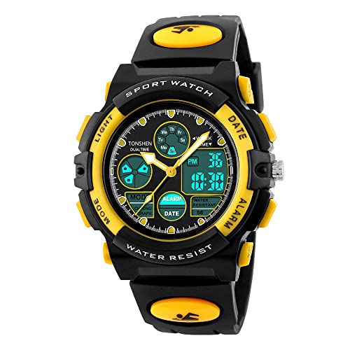 TONSHEN Herrenuhr Damenuhr Kinderuhr Analog Quarzuhr Digitaluhr Outdoor Sportuhr Militär Plastik Uhren Multifunktion 50M Wasserdicht Armbanduhr, Gelb von TONSHEN