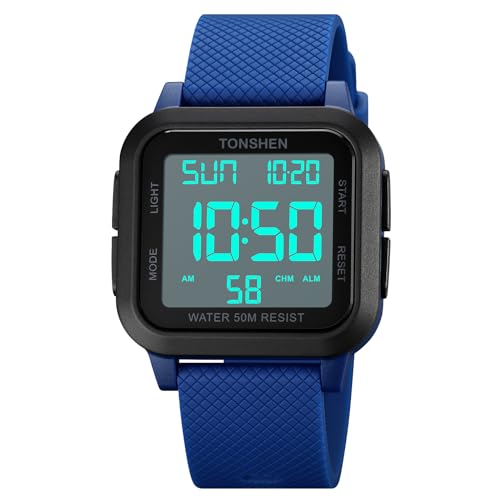 TONSHEN Herrenuhr Damenuhr Sport Digital Wasserdicht LED Elektronik Countdown Doppelte Zeit Alarm Plastik Uhren (Blau) von TONSHEN