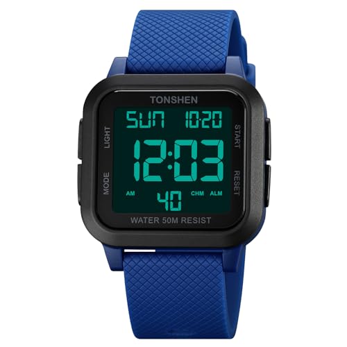 TONSHEN Herrenuhr Damenuhr Sport Digital Wasserdicht LED Elektronik Countdown Doppelte Zeit Alarm Plastik Uhren (Blau 2) von TONSHEN