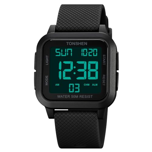 TONSHEN Herrenuhr Damenuhr Sport Digital Wasserdicht LED Elektronik Countdown Doppelte Zeit Alarm Plastik Uhren (Schwarz 2) von TONSHEN