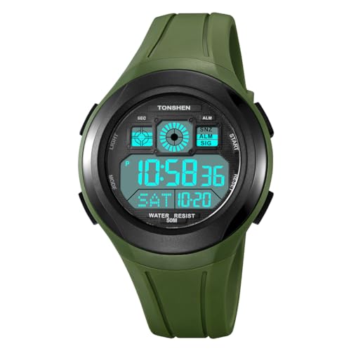 TONSHEN Herrenuhr Damenuhr Wasserdicht LED Elektronik Countdown Digitaluhr Outdoor Sportuhr Doppelte Zeit Alarm Stoppuhr Plastik Unisex Uhren (Grün) von TONSHEN
