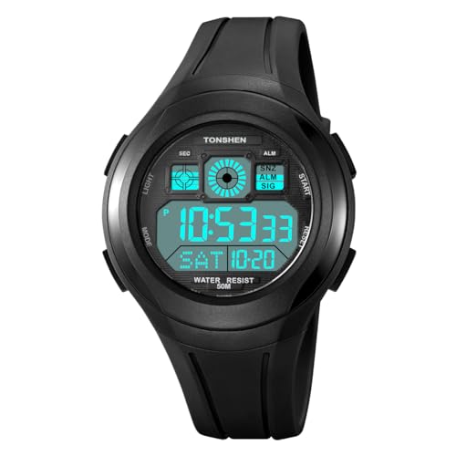 TONSHEN Herrenuhr Damenuhr Wasserdicht LED Elektronik Countdown Digitaluhr Outdoor Sportuhr Doppelte Zeit Alarm Stoppuhr Plastik Unisex Uhren (Schwarz) von TONSHEN