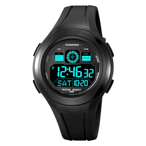 TONSHEN Herrenuhr Damenuhr Wasserdicht LED Elektronik Countdown Digitaluhr Outdoor Sportuhr Doppelte Zeit Alarm Stoppuhr Plastik Unisex Uhren (Schwarz 2) von TONSHEN