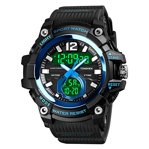 TONSHEN Herrenuhr Digital Sport Uhren Analog Quarz LED Elektronik DREI Zeit Wasserdicht Countdown Outdoor Militär Alarm Datum Stoppuhr Plastik Armbanduhr (Blau) von TONSHEN