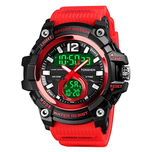 TONSHEN Herrenuhr Digital Sport Uhren Analog Quarz LED Elektronik DREI Zeit Wasserdicht Countdown Outdoor Militär Alarm Datum Stoppuhr Plastik Armbanduhr (Rot) von TONSHEN