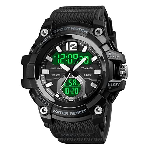 TONSHEN Herrenuhr Digital Sport Uhren Analog Quarz LED Elektronik DREI Zeit Wasserdicht Countdown Outdoor Militär Alarm Datum Stoppuhr Plastik Armbanduhr (Schwarz) von TONSHEN