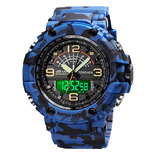 TONSHEN Herrenuhr Digital Sport Uhren Analog Quarz LED Elektronik DREI Zeit Wasserdicht Outdoor Militär Sportuhr Alarm Datum Stoppuhr Plastik Armbanduhr (Blau Camo) von TONSHEN