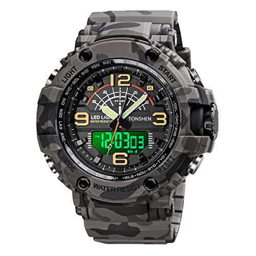 TONSHEN Herrenuhr Digital Sport Uhren Analog Quarz LED Elektronik DREI Zeit Wasserdicht Outdoor Militär Sportuhr Alarm Datum Stoppuhr Plastik Armbanduhr (Grau) von TONSHEN