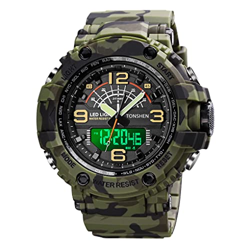 TONSHEN Herrenuhr Digital Sport Uhren Analog Quarz LED Elektronik DREI Zeit Wasserdicht Outdoor Militär Sportuhr Alarm Datum Stoppuhr Plastik Armbanduhr (Grün Camo) von TONSHEN