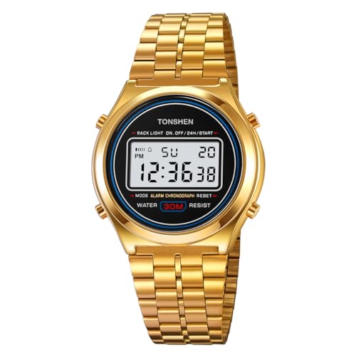 TONSHEN Herrenuhr Digital Sport Uhren Edelstahl LED Elektronik Outdoor Multifunktional Alarm Stoppuhr (Gold) von TONSHEN