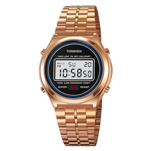 TONSHEN Herrenuhr Digital Sport Uhren Edelstahl LED Elektronik Outdoor Multifunktional Alarm Stoppuhr (Rose) von TONSHEN