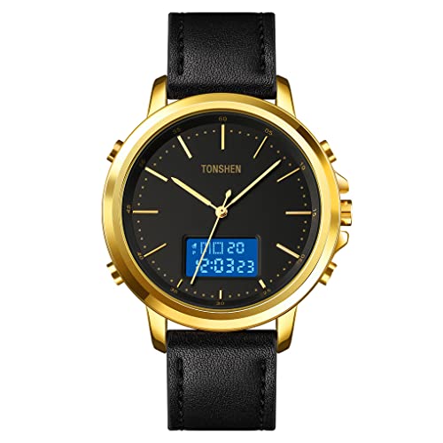 TONSHEN Herrenuhr Digitaluhr Fashion Analog Quarz Uhren Sportuhr LED Elektronik Double Zeit Alarm Datum Casual Multifunktion Armbanduhr Edelstahl Lünette mit Leder Band (Gold) von TONSHEN