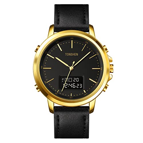 TONSHEN Herrenuhr Digitaluhr Fashion Analog Quarz Uhren Sportuhr LED Elektronik Double Zeit Alarm Datum Casual Multifunktion Armbanduhr Edelstahl Lünette mit Leder Band (Gold 2) von TONSHEN