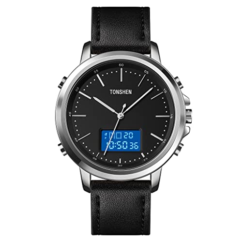 TONSHEN Herrenuhr Digitaluhr Fashion Analog Quarz Uhren Sportuhr LED Elektronik Double Zeit Alarm Datum Casual Multifunktion Armbanduhr Edelstahl Lünette mit Leder Band (Silber) von TONSHEN
