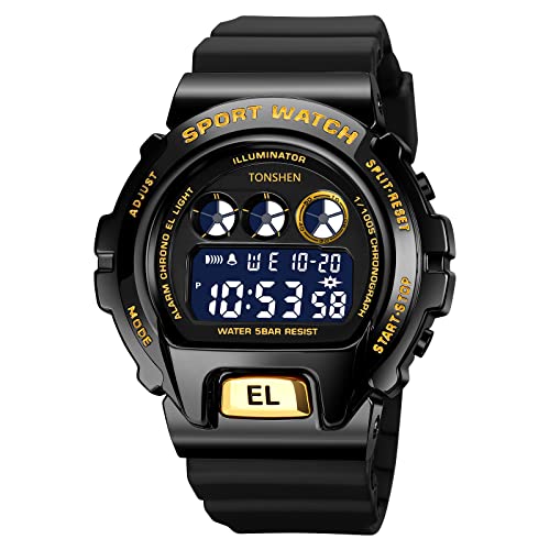 TONSHEN Herrenuhr Digitaluhr LED Militär Outdoor Sport Uhren Wasserdicht Plastik Lünette und Kautschuk Band Armbanduhr Alarm Stoppuhr (Gelb) von TONSHEN